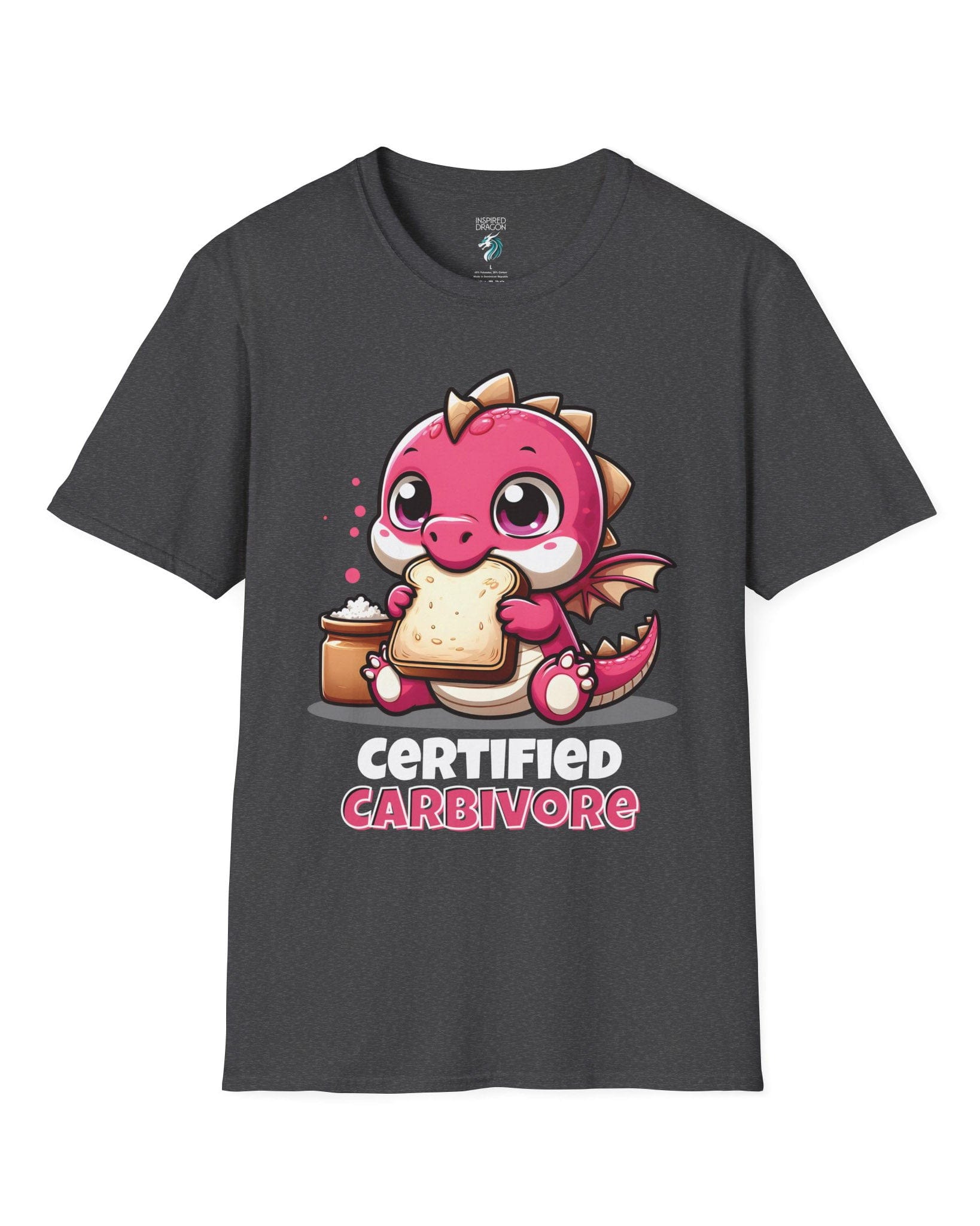 Certified Carbivore shirt in dark heather grey, featuring a cute pink dragon munching toast, with bold text below.
