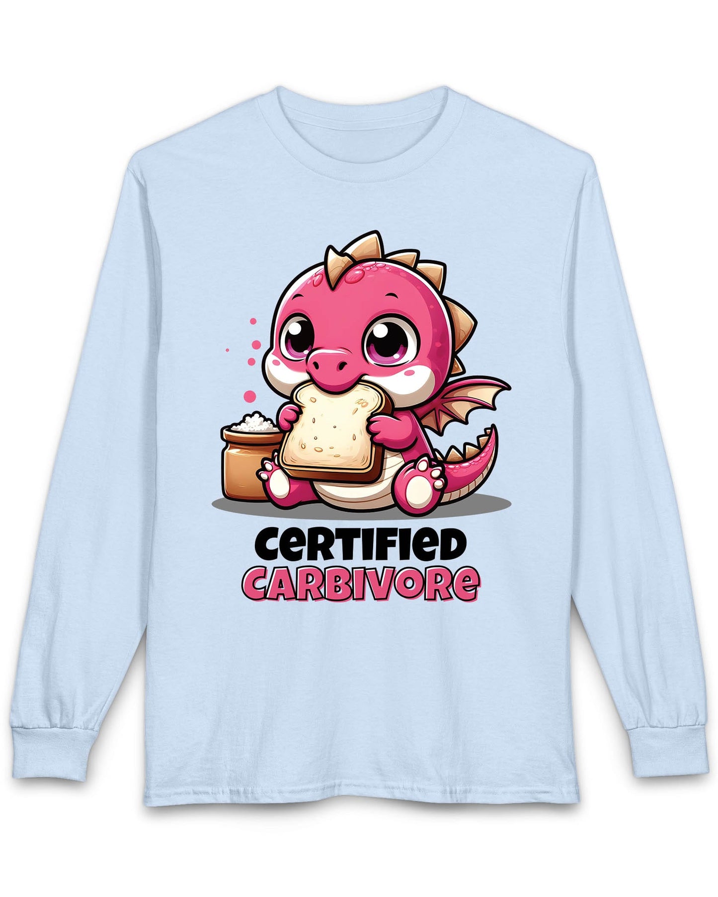Certified Carbivore shirt in light blue featuring a cute pink dragon munching toast, with bold text below