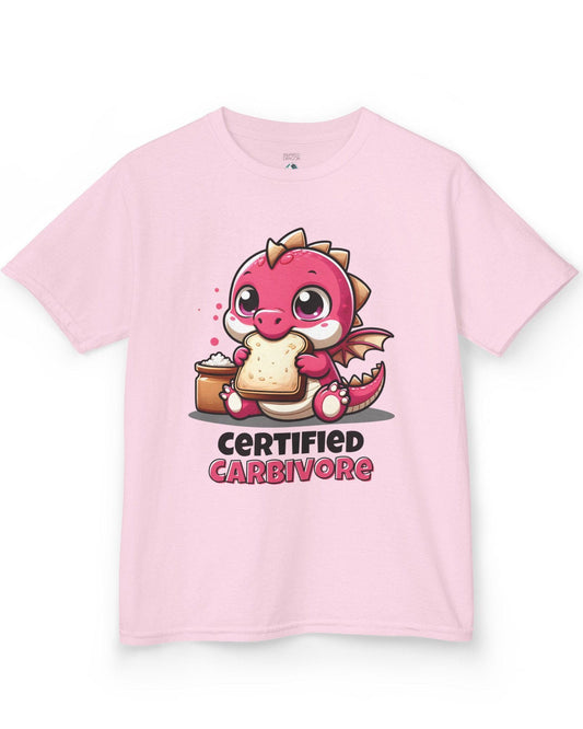 Certified Carbivore shirt in light pink, featuring a cute pink dragon munching toast, with bold text below.