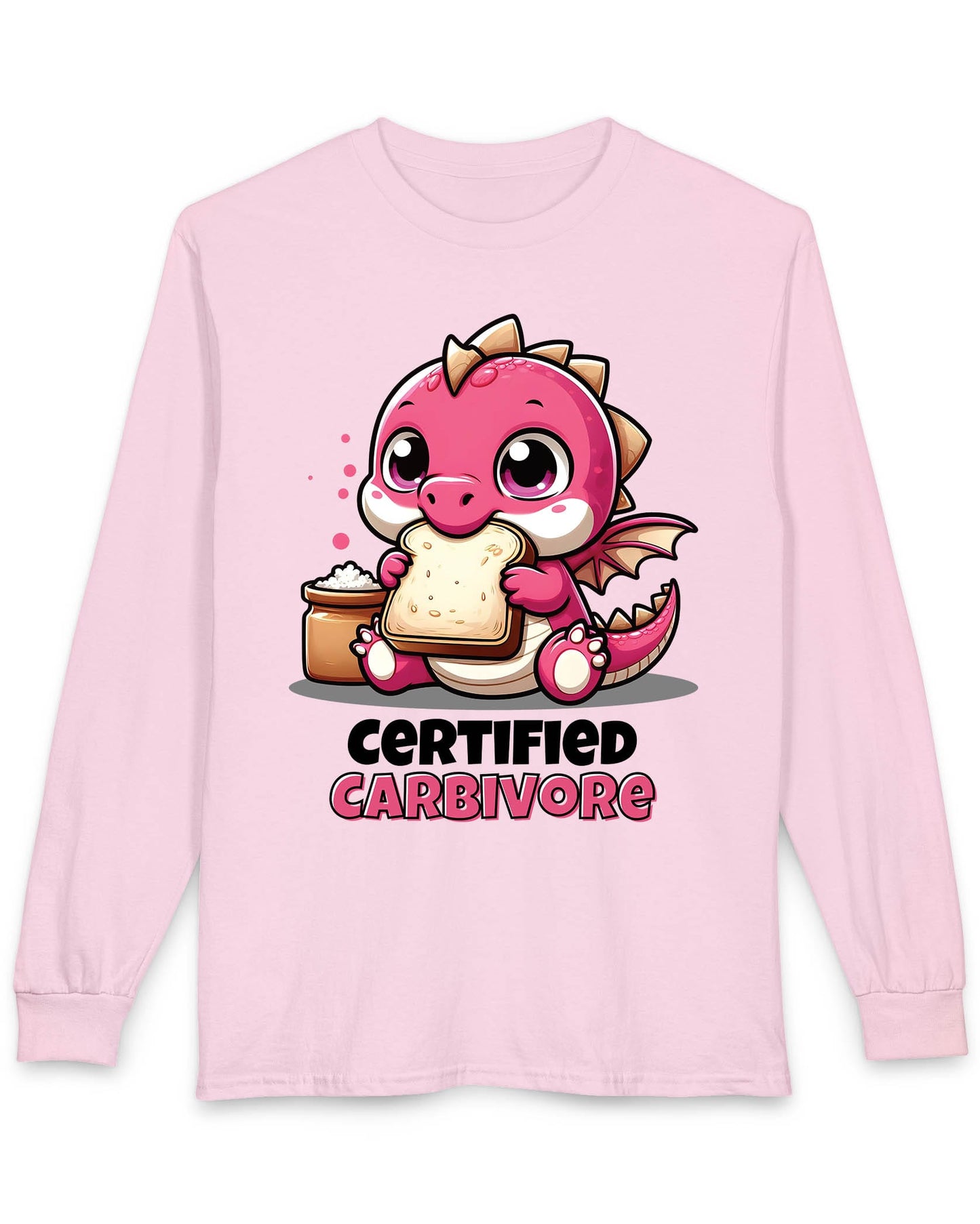 Certified Carbivore shirt in light pink featuring a cute pink dragon munching toast, with bold text below