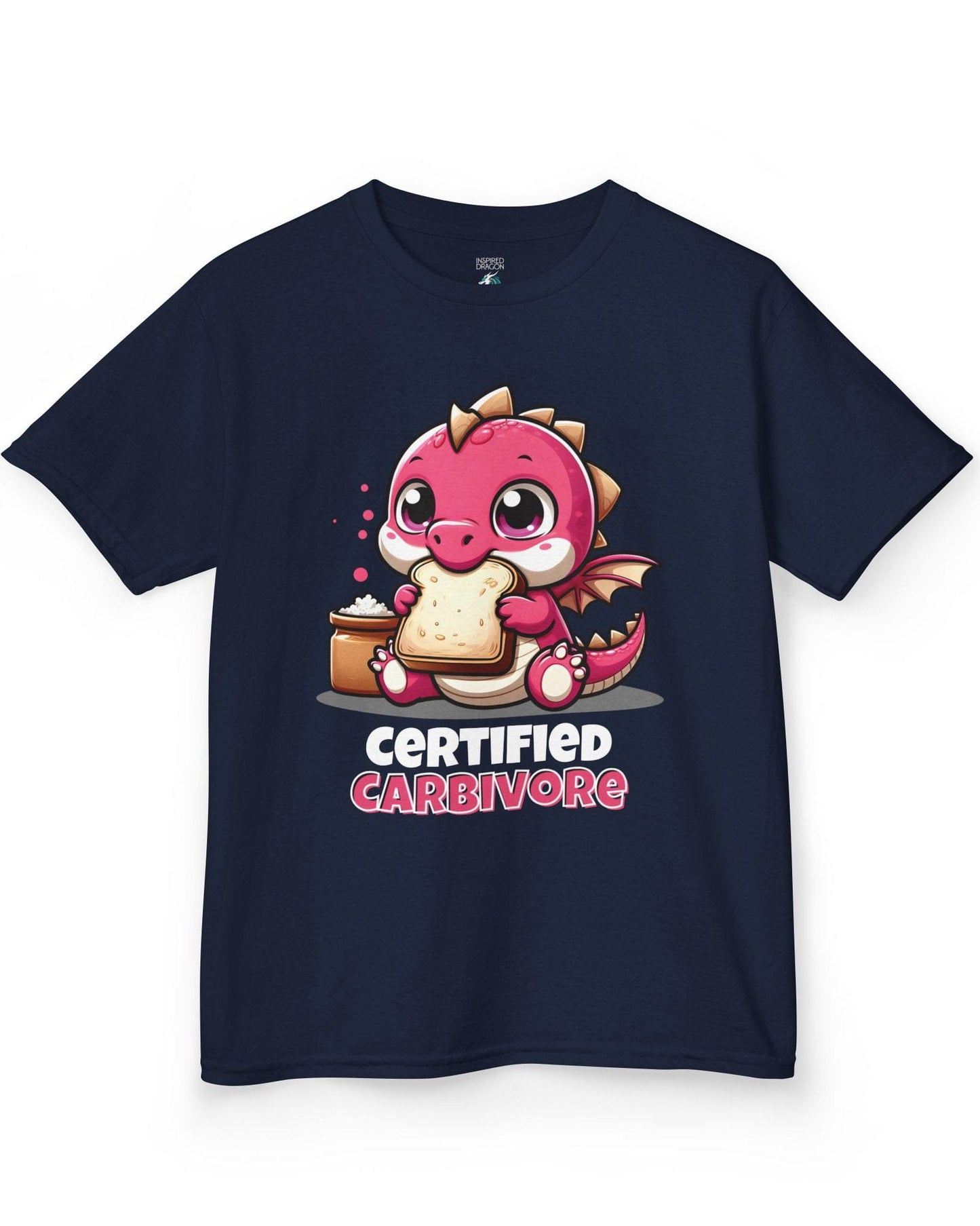 Certified Carbivore shirt in navy, featuring a cute pink dragon munching toast, with bold text below.