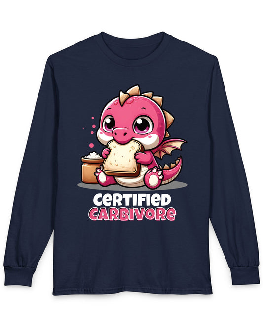 Certified Carbivore shirt in navy featuring a cute pink dragon munching toast, with bold text below