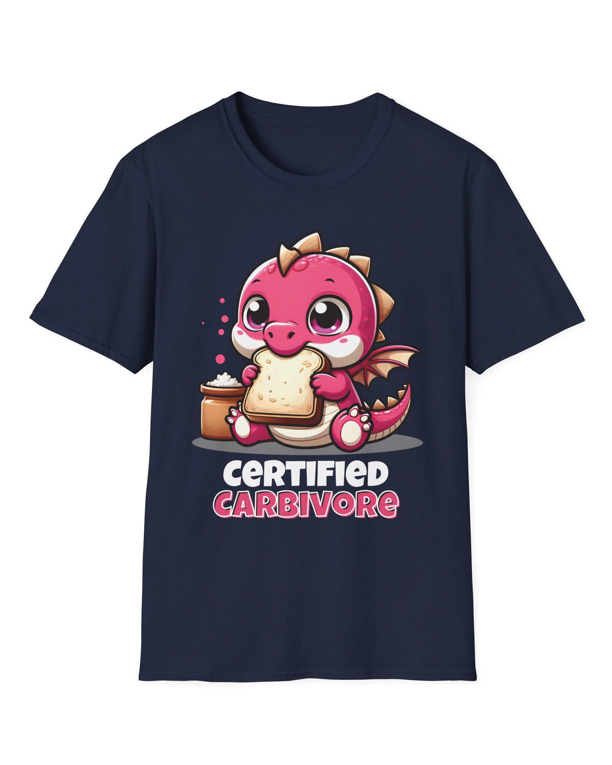 Certified Carbivore shirt in navy featuring a cute pink dragon munching toast, with bold text below