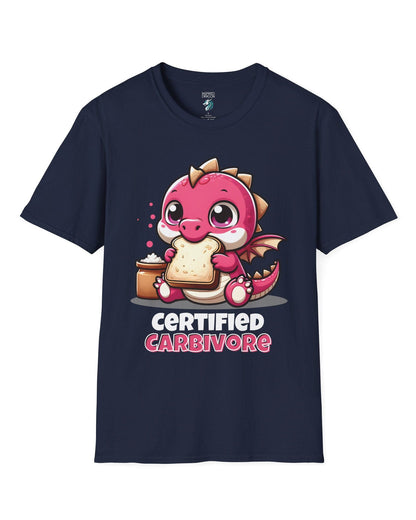 Certified Carbivore shirt in navy, featuring a cute pink dragon munching toast, with bold text below.
