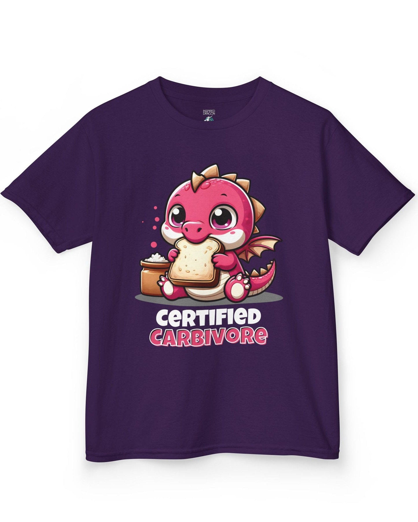 Certified Carbivore shirt in purple, featuring a cute pink dragon munching toast, with bold text below.