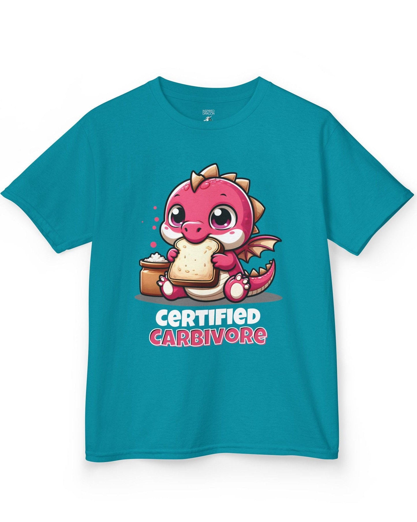 Certified Carbivore shirt in tropical blue, featuring a cute pink dragon munching toast, with bold text below.