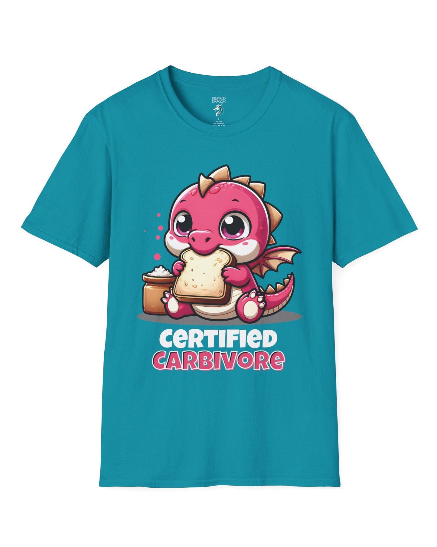 Certified Carbivore shirt in tropical blue, featuring a cute pink dragon munching toast, with bold text below.
