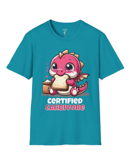 Certified Carbivore shirt in tropical blue, featuring a cute pink dragon munching toast, with bold text below.
