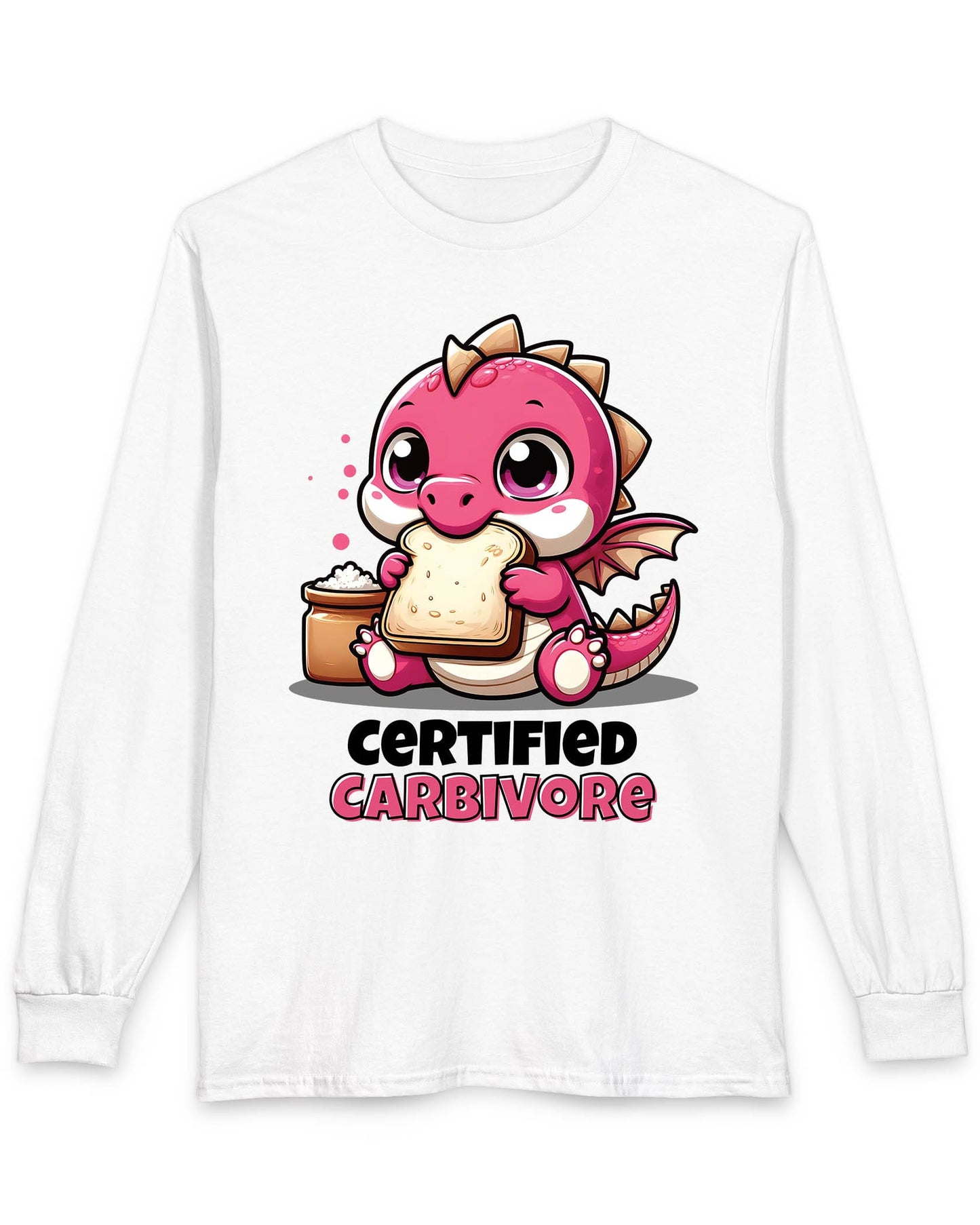 Certified Carbivore shirt in white featuring a cute pink dragon munching toast, with bold text below