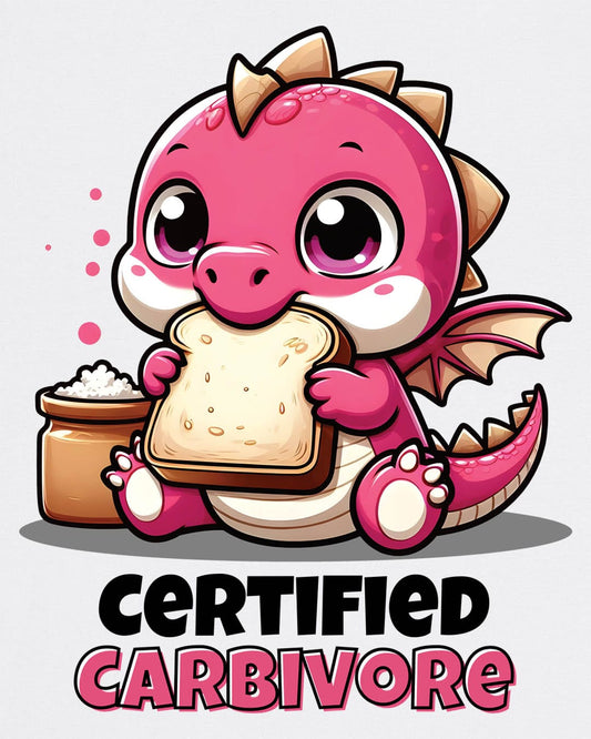 Certified Carbivore shirt in white, featuring a cute pink dragon munching toast, with bold text below.
