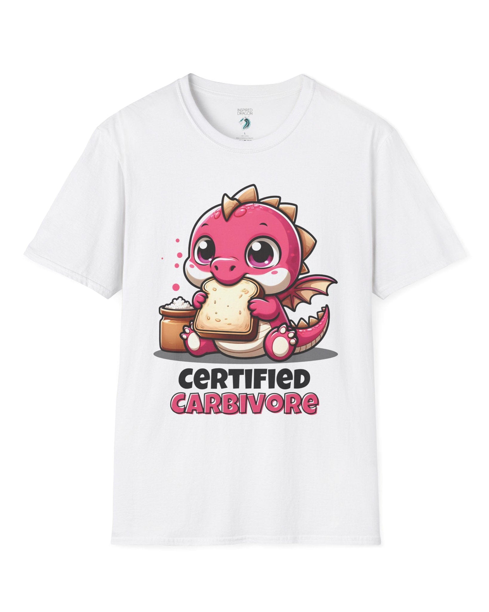 Certified Carbivore shirt in white, featuring a cute pink dragon munching toast, with bold text below.
