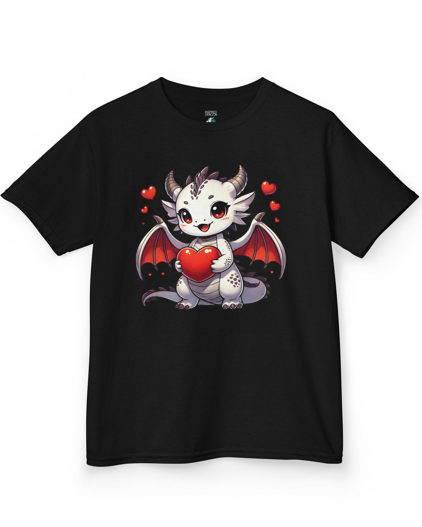 Little Heartstealer shirt in black featuring a chibi white dragon holding a red heart surrounded by floating hearts
