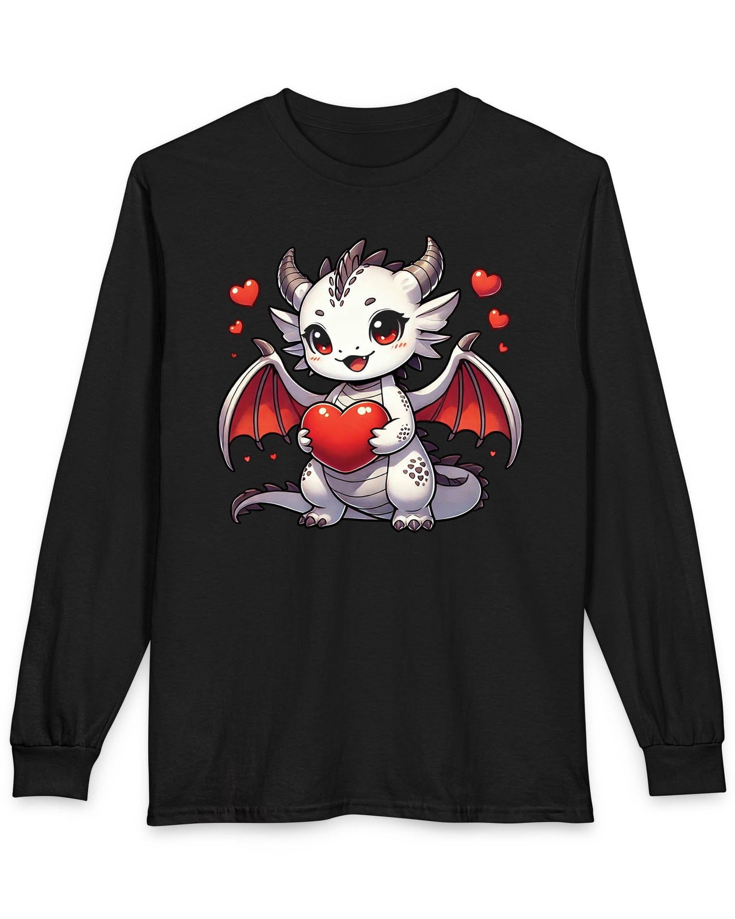 Little Heartstealer shirt in black featuring a chibi white dragon holding a red heart surrounded by floating hearts