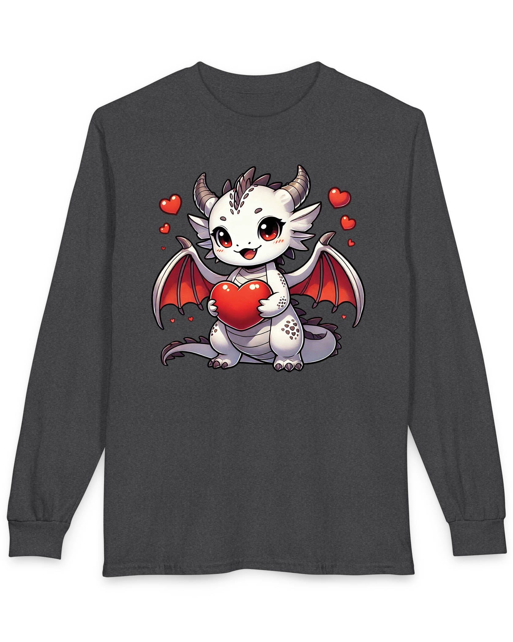 Little Heartstealer shirt in dark heather featuring a chibi white dragon holding a red heart surrounded by floating hearts