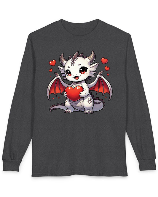 Little Heartstealer shirt in dark heather featuring a chibi white dragon holding a red heart surrounded by floating hearts