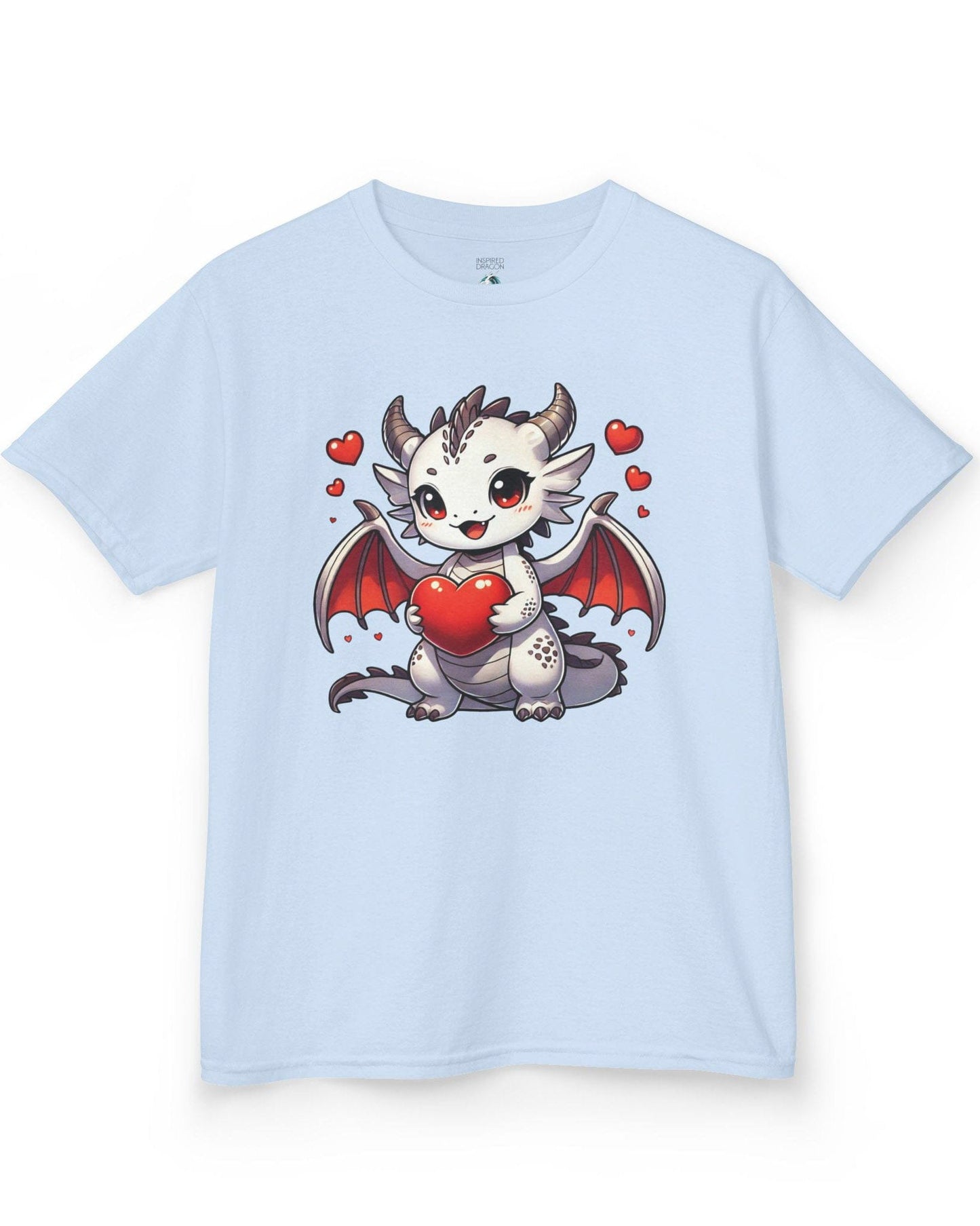 Little Heartstealer shirt in light blue featuring a chibi white dragon holding a red heart surrounded by floating hearts