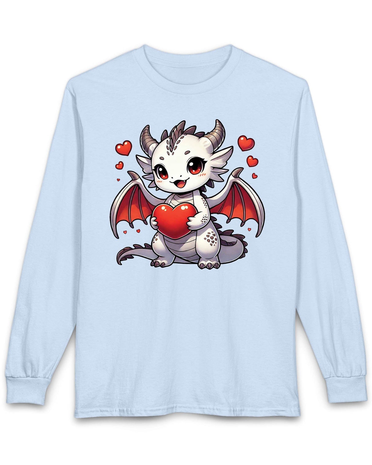 Little Heartstealer shirt in light blue featuring a chibi white dragon holding a red heart surrounded by floating hearts
