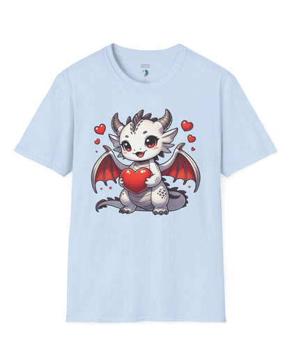 Little Heartstealer shirt in light blue featuring a chibi white dragon holding a red heart, surrounded by floating hearts.
