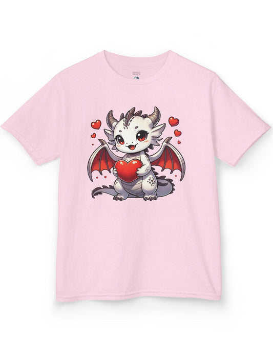 Little Heartstealer shirt in light pink featuring a chibi white dragon holding a red heart surrounded by floating hearts