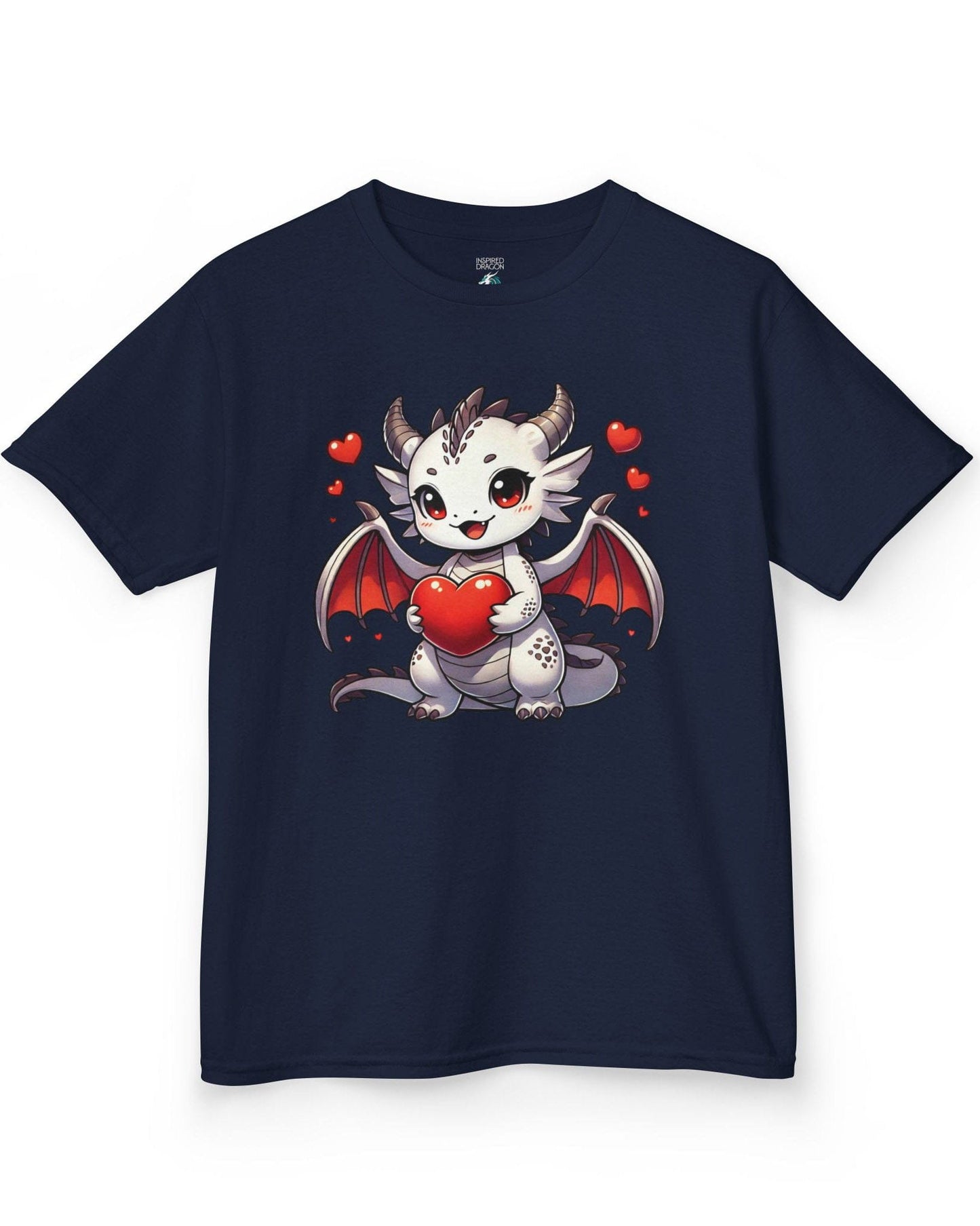 Little Heartstealer shirt in navy featuring a chibi white dragon holding a red heart surrounded by floating hearts