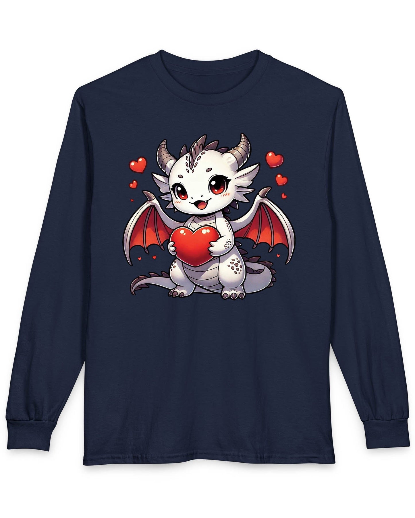 Little Heartstealer shirt in navy featuring a chibi white dragon holding a red heart surrounded by floating hearts