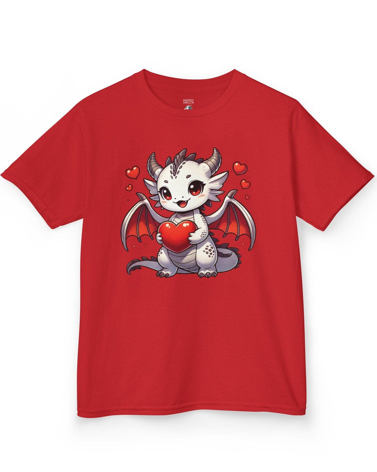 Little Heartstealer shirt in red featuring a chibi white dragon holding a red heart surrounded by floating hearts