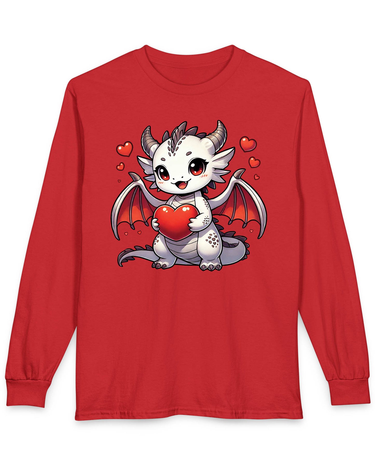 Little Heartstealer shirt in red featuring a chibi white dragon holding a red heart surrounded by floating hearts