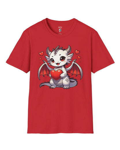 Little Heartstealer shirt in red featuring a chibi white dragon holding a red heart, surrounded by floating hearts.
