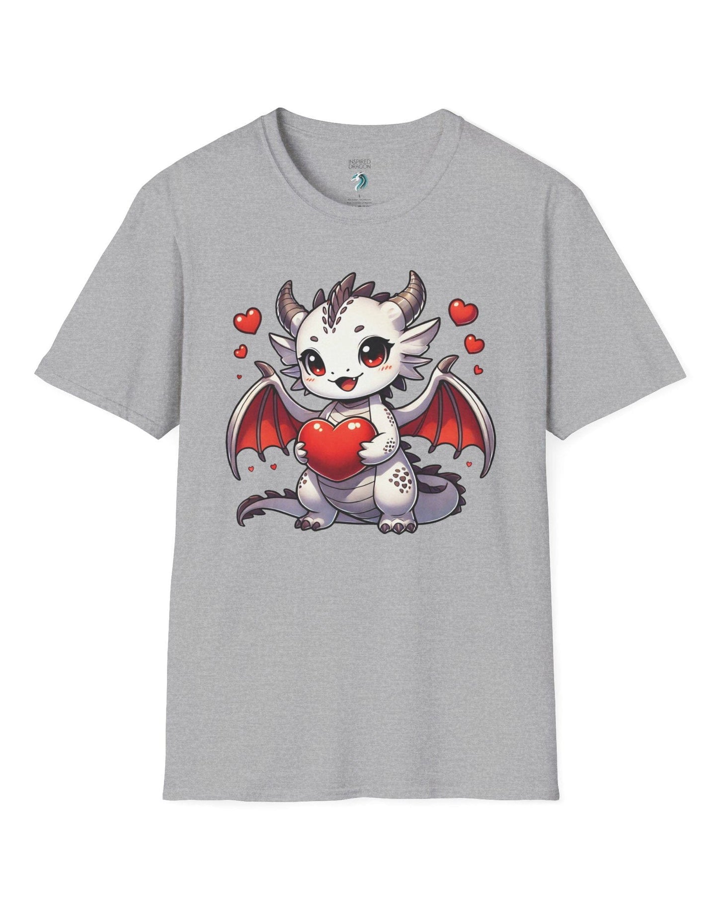 Little Heartstealer shirt in sport grey featuring a chibi white dragon holding a red heart, surrounded by floating hearts.
