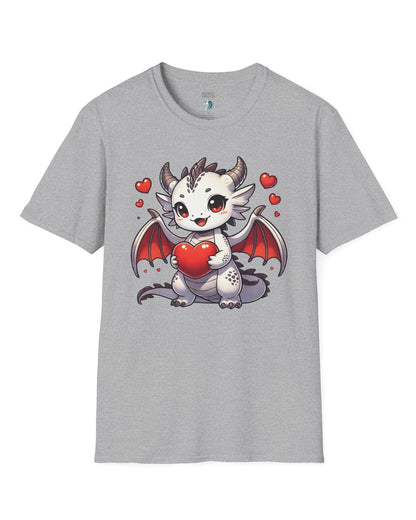 Little Heartstealer shirt in sport grey featuring a chibi white dragon holding a red heart, surrounded by floating hearts.
