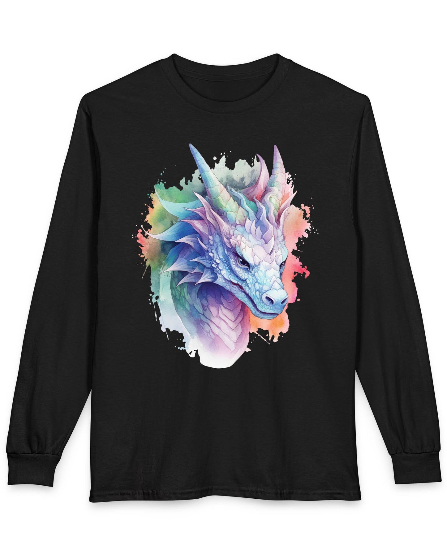 Opalescent Mirage shirt in black featuring a pastel dragon portrait in a watercolor style with iridescent hues