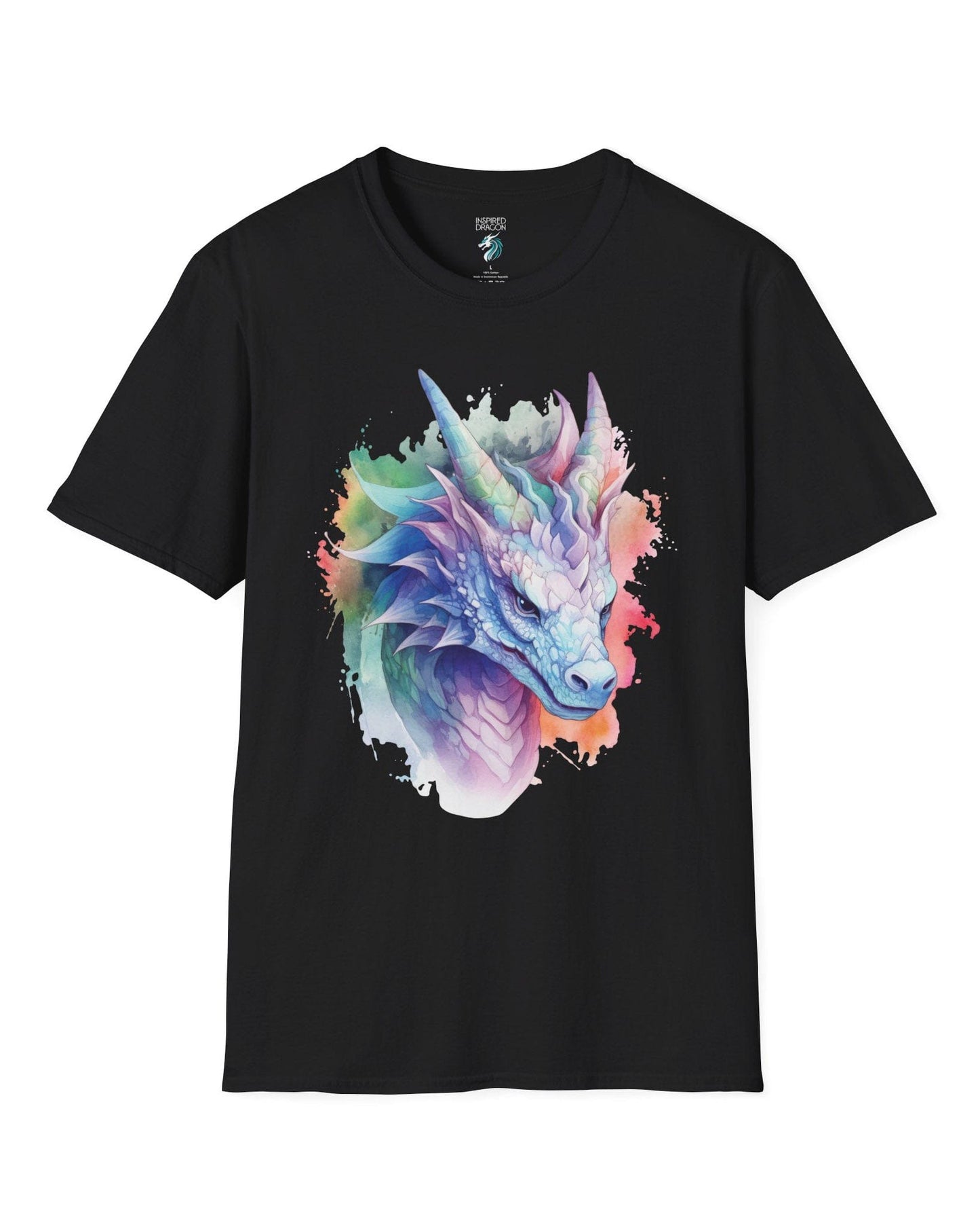 Opalescent Mirage shirt in black featuring a pastel dragon portrait in a watercolor style with iridescent hues.
