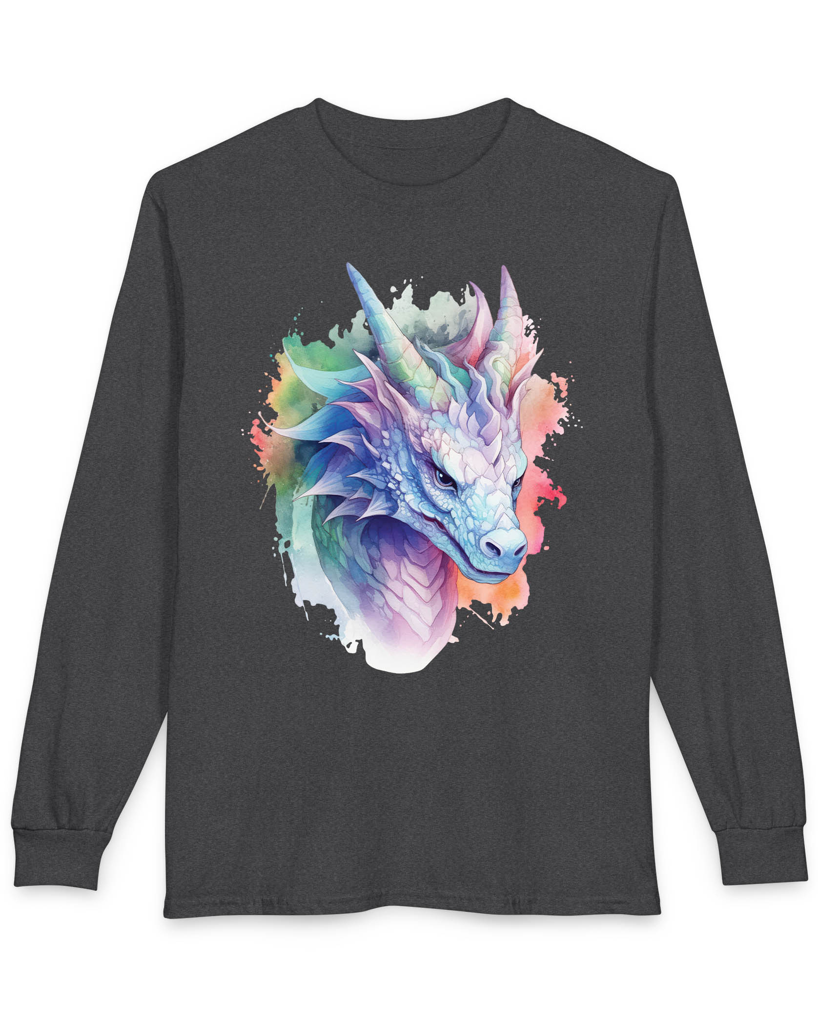 Opalescent Mirage shirt in dark heather featuring a pastel dragon portrait in a watercolor style with iridescent hues