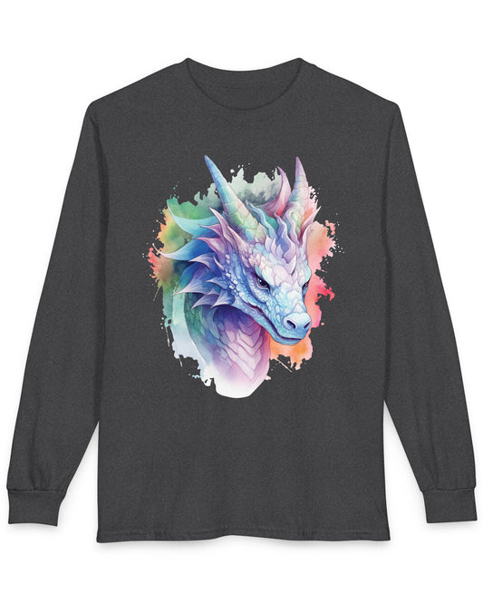 Opalescent Mirage shirt in dark heather featuring a pastel dragon portrait in a watercolor style with iridescent hues