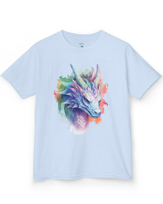 Opalescent Mirage shirt in light blue featuring a pastel dragon portrait in a watercolor style with iridescent hues.