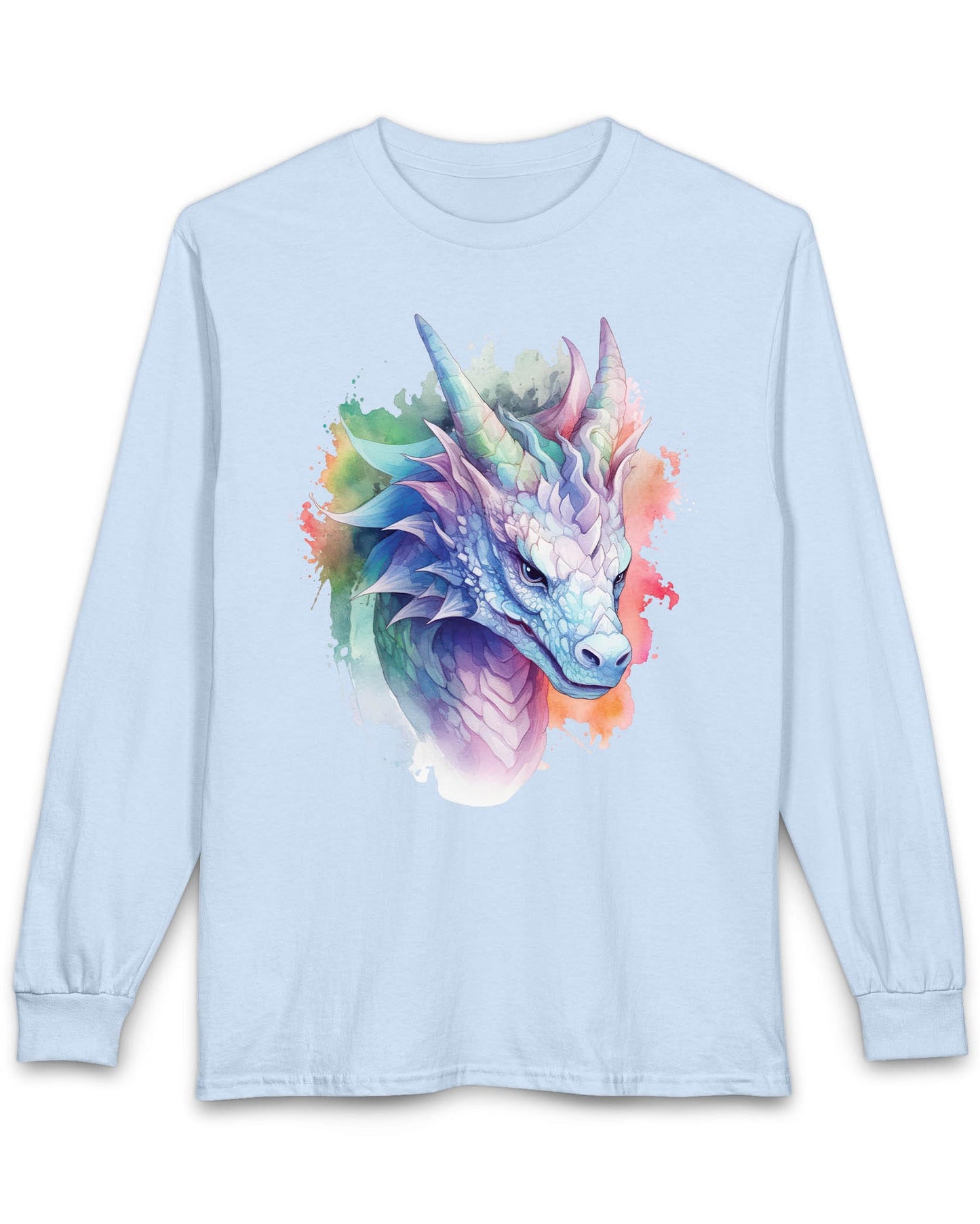 Opalescent Mirage shirt in light blue featuring a pastel dragon portrait in a watercolor style with iridescent hues