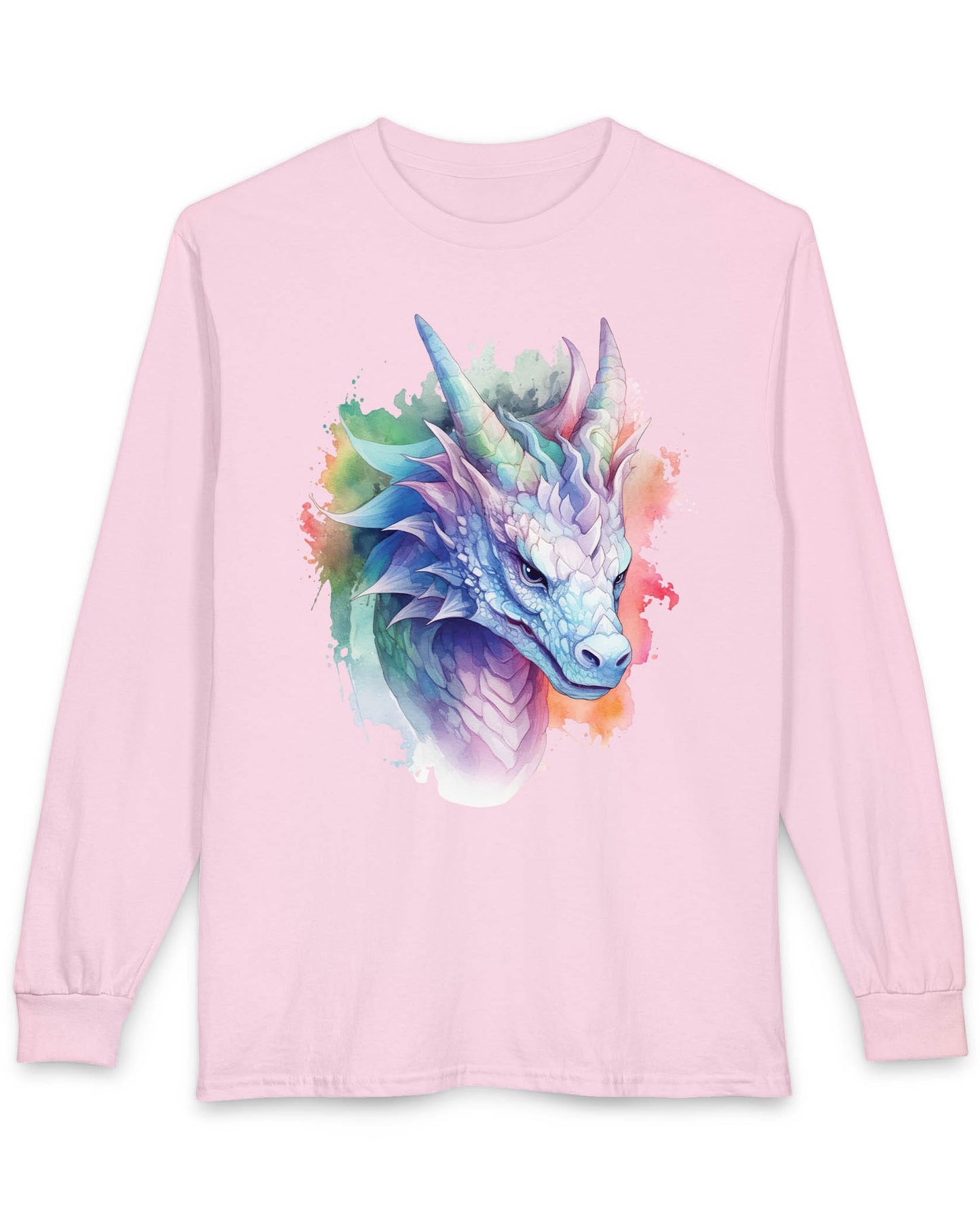 Opalescent Mirage shirt in light pink featuring a pastel dragon portrait in a watercolor style with iridescent hues