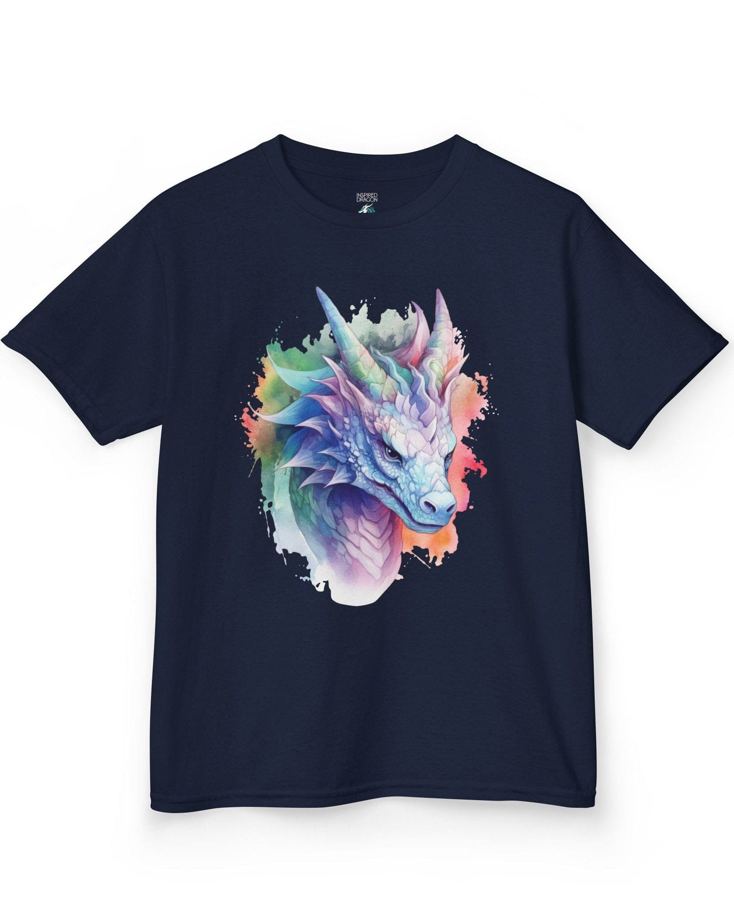 Opalescent Mirage shirt in navy featuring a pastel dragon portrait in a watercolor style with iridescent hues.