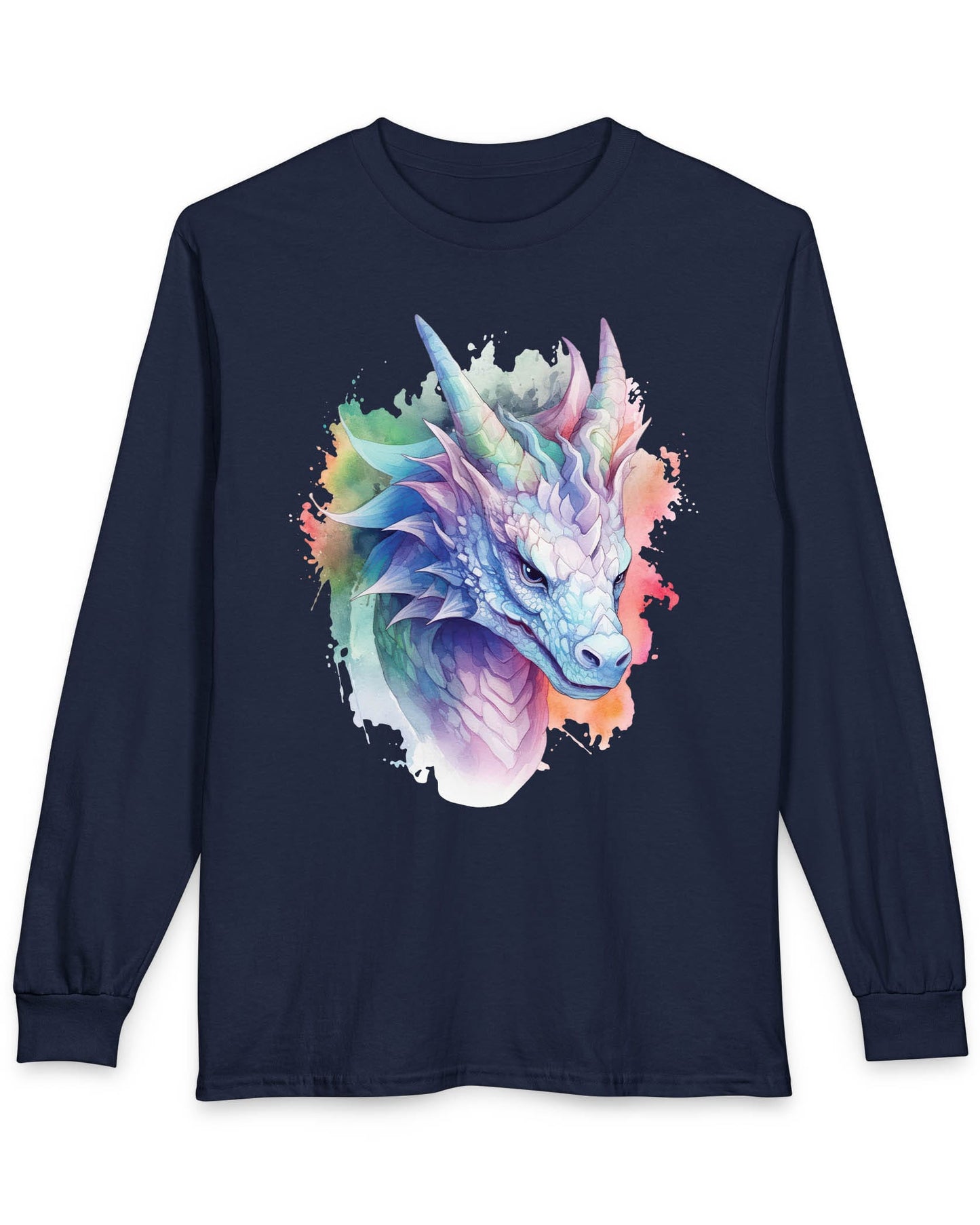 Opalescent Mirage shirt in navy featuring a pastel dragon portrait in a watercolor style with iridescent hues