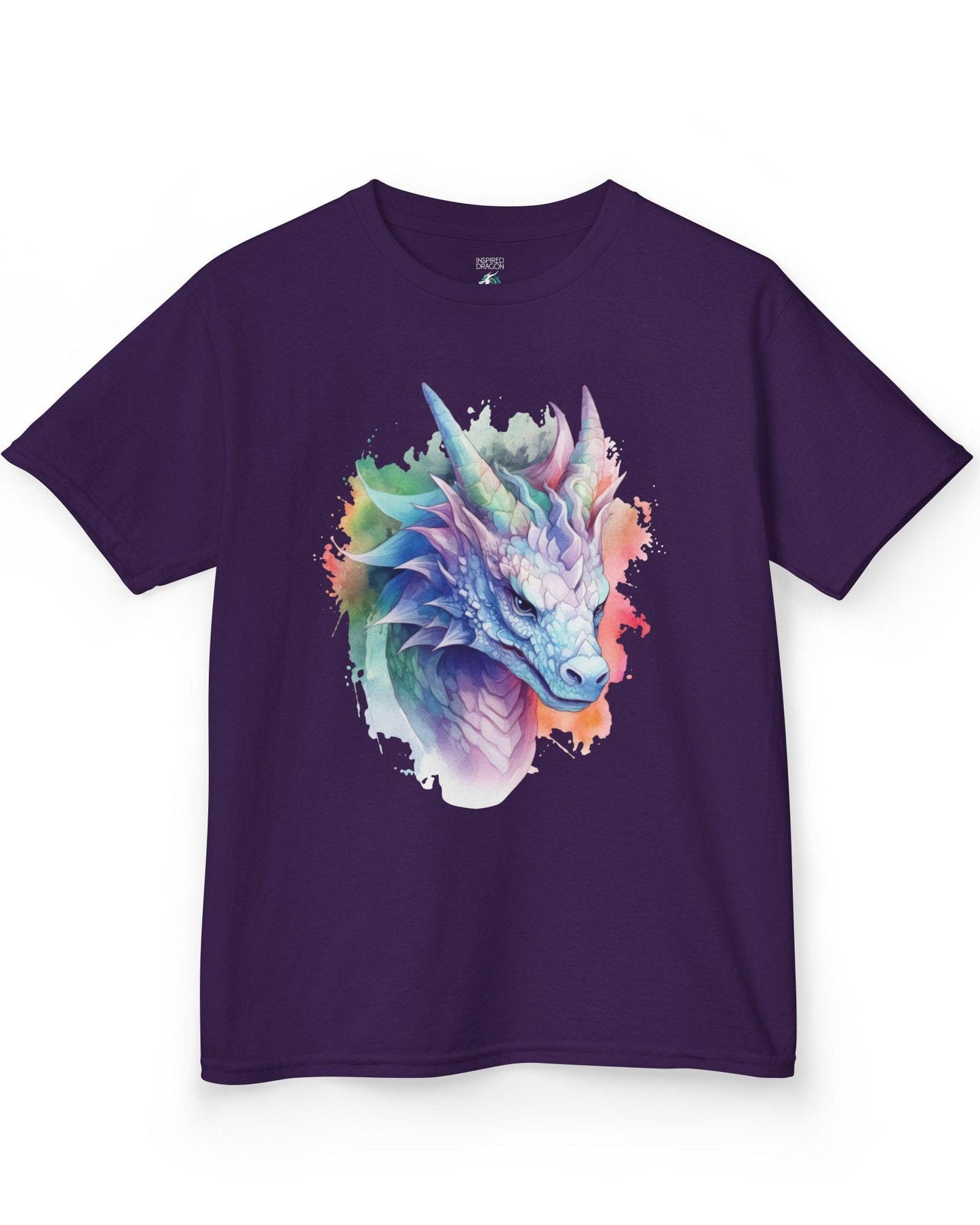 Opalescent Mirage shirt in purple featuring a pastel dragon portrait in a watercolor style with iridescent hues.