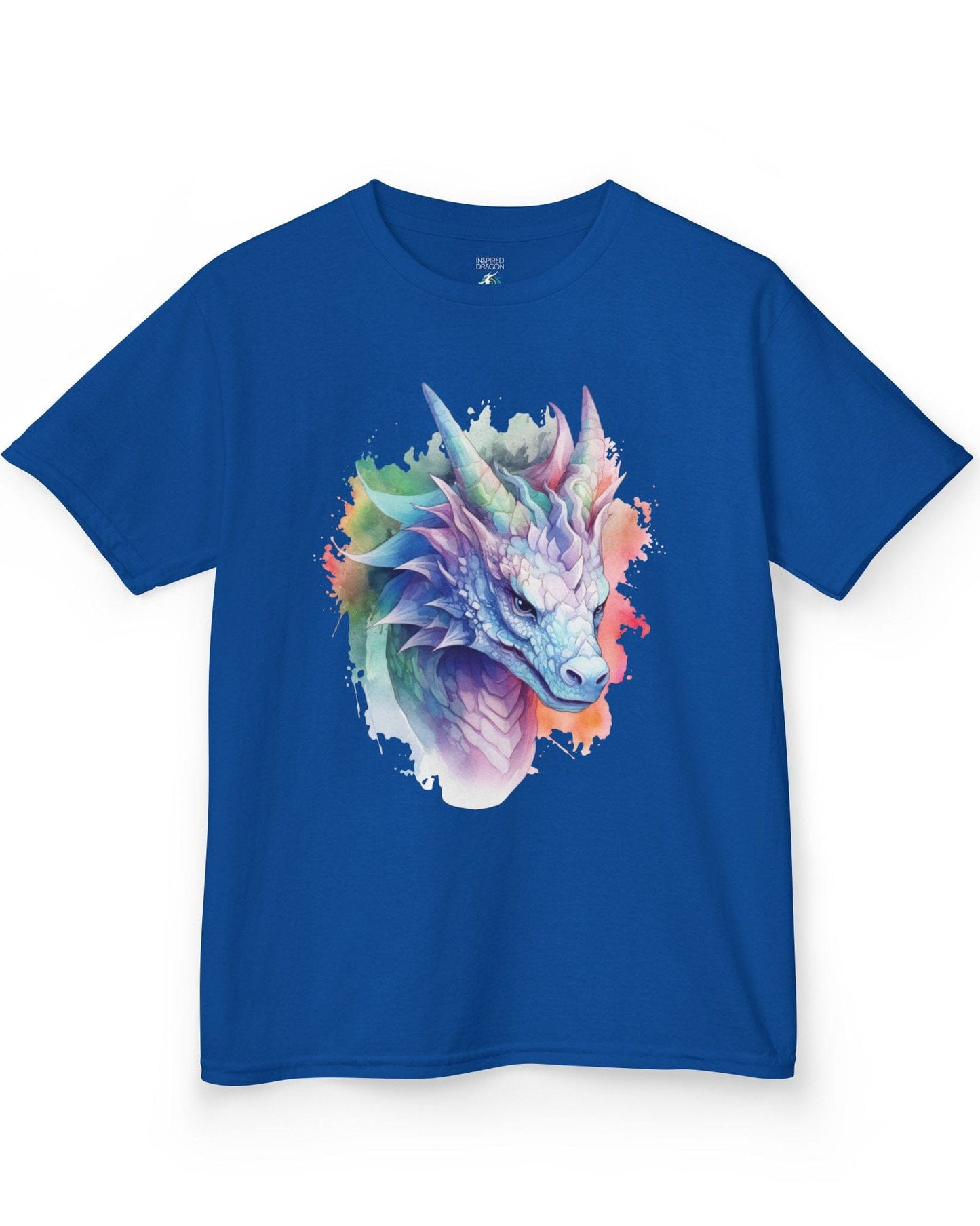 Opalescent Mirage shirt in royal blue featuring a pastel dragon portrait in a watercolor style with iridescent hues.