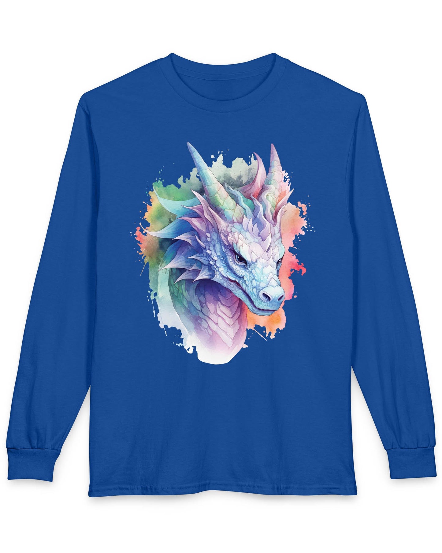 Opalescent Mirage shirt in royal blue featuring a pastel dragon portrait in a watercolor style with iridescent hues