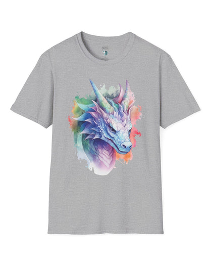 Opalescent Mirage shirt in sport grey featuring a pastel dragon portrait in a watercolor style with iridescent hues.
