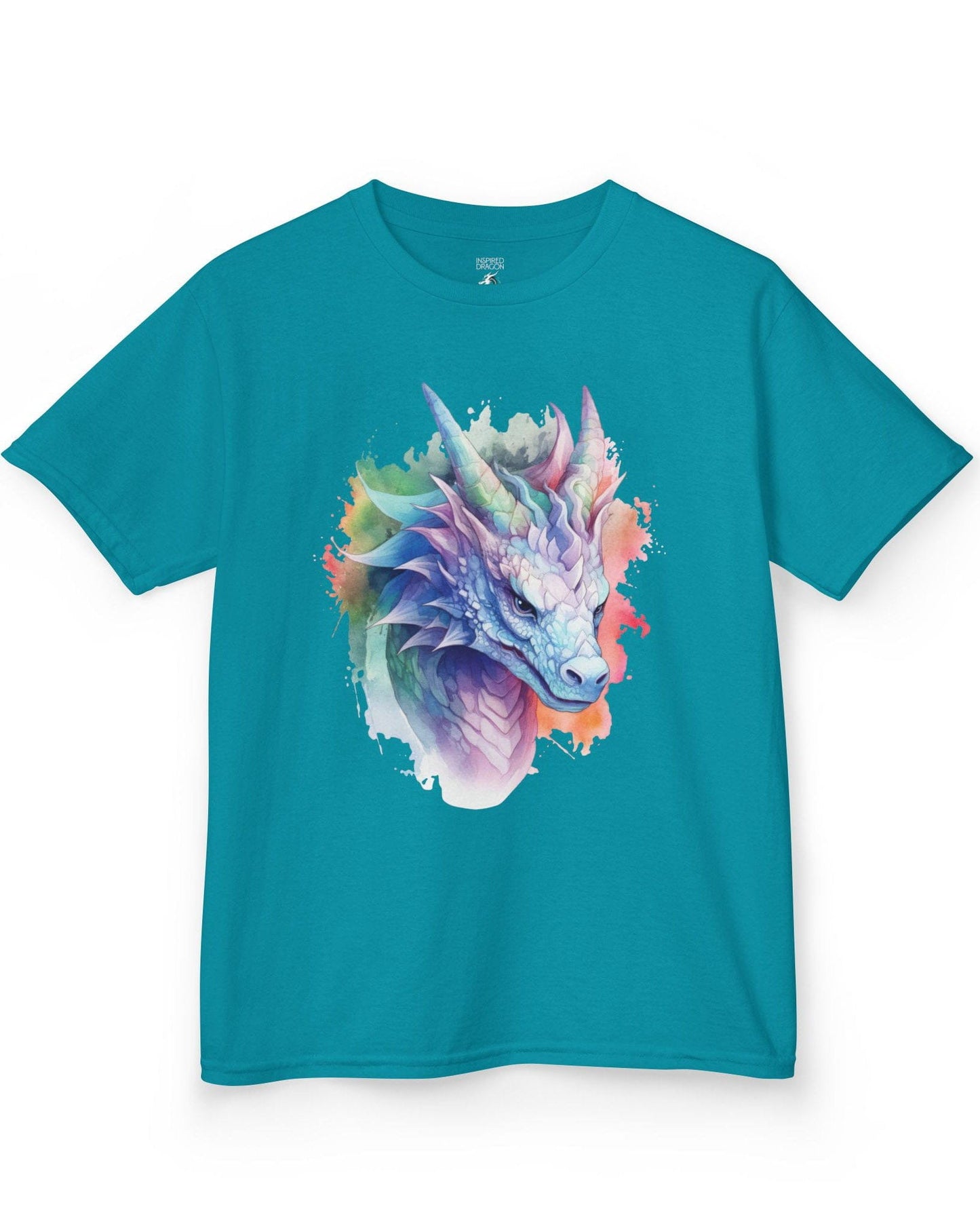 Opalescent Mirage shirt in tropical blue featuring a pastel dragon portrait in a watercolor style with iridescent hues.