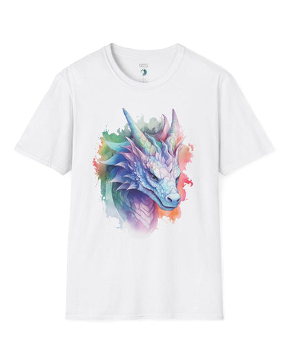 Opalescent Mirage shirt in white featuring a pastel dragon portrait in a watercolor style with iridescent hues.
