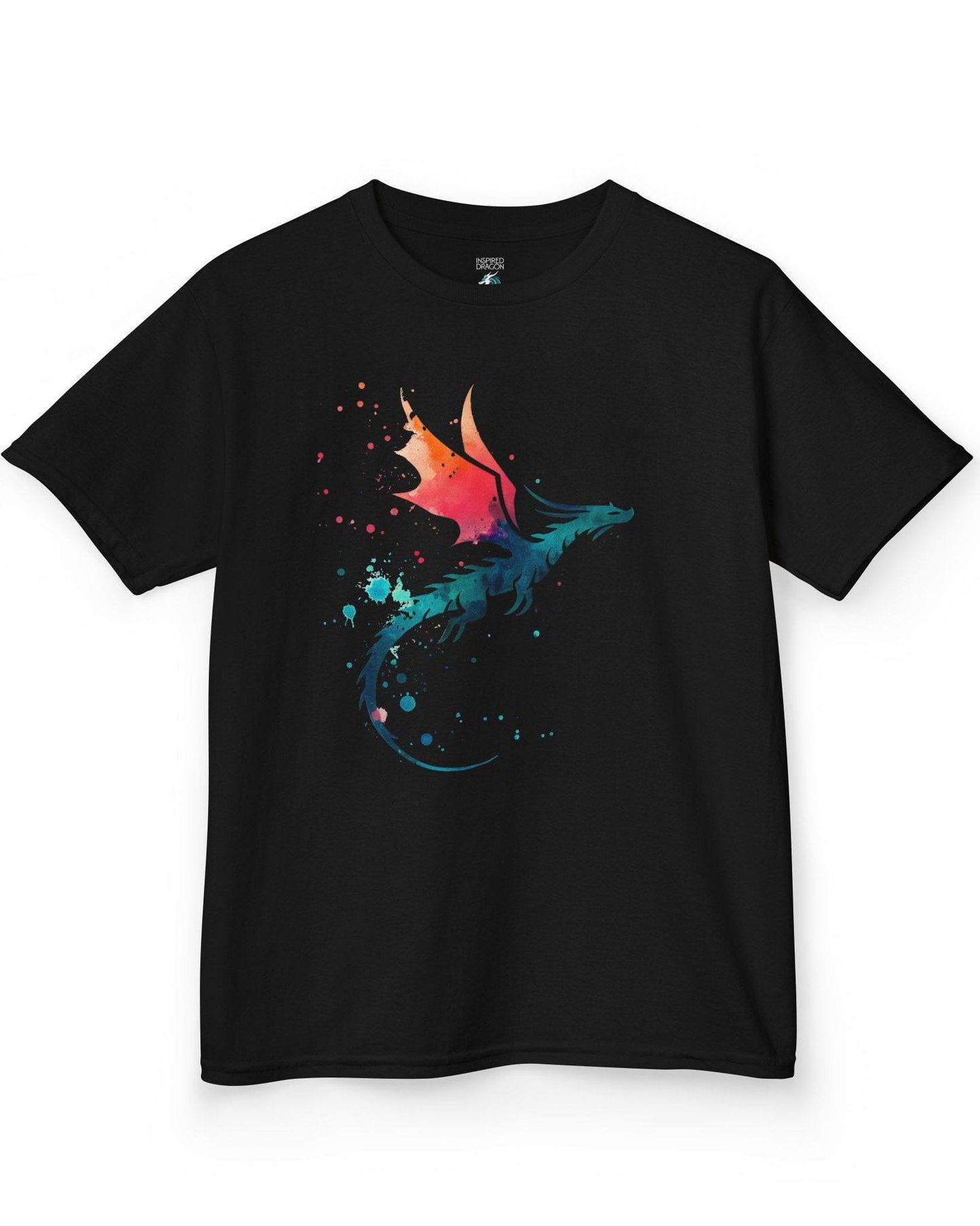 Twilight Whisper shirt in black featuring a stylized dragon silhouette with watercolor splashes in blue and orange.