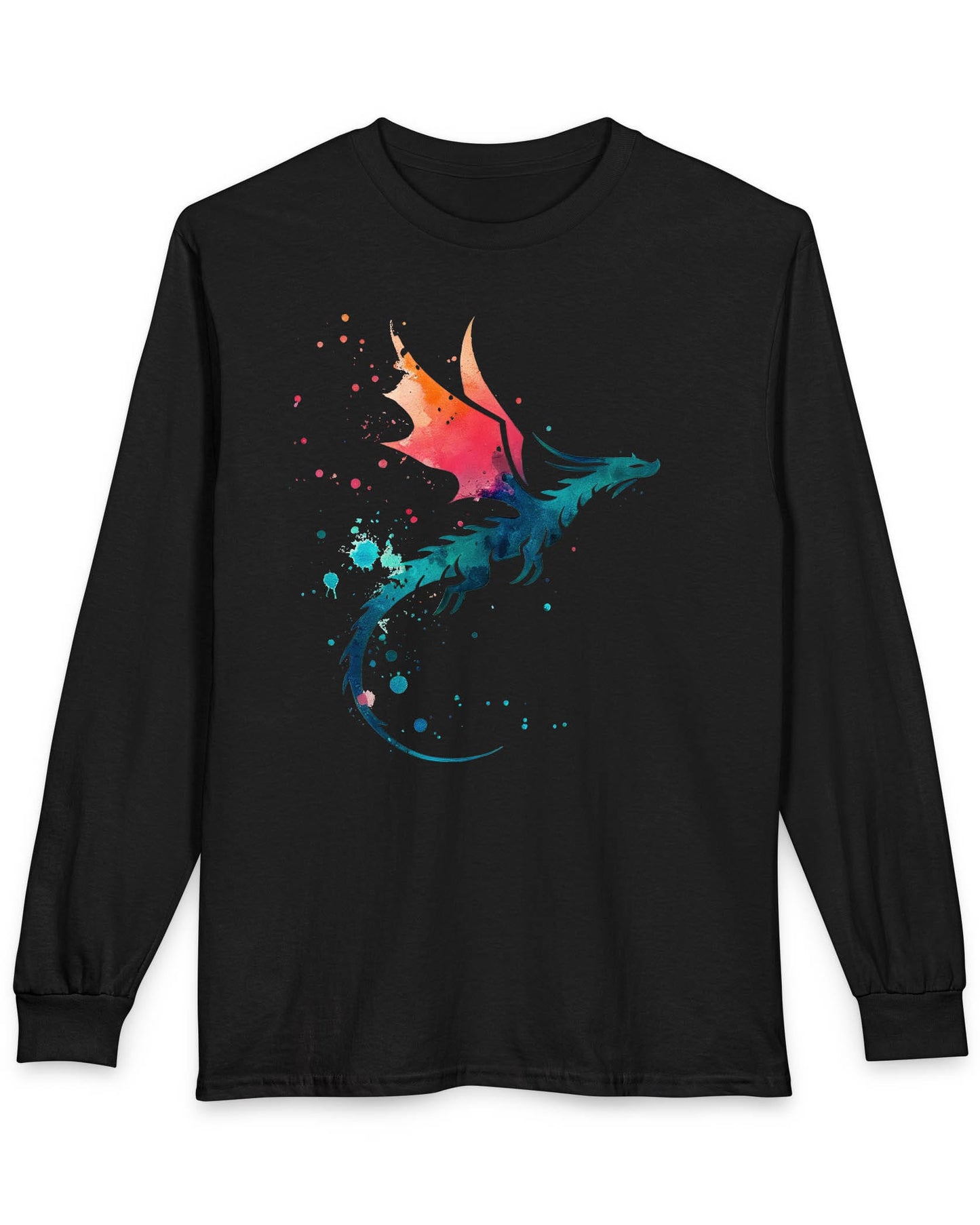 Twilight Whisper shirt in black featuring a stylized dragon silhouette with watercolor splashes in blue and orange