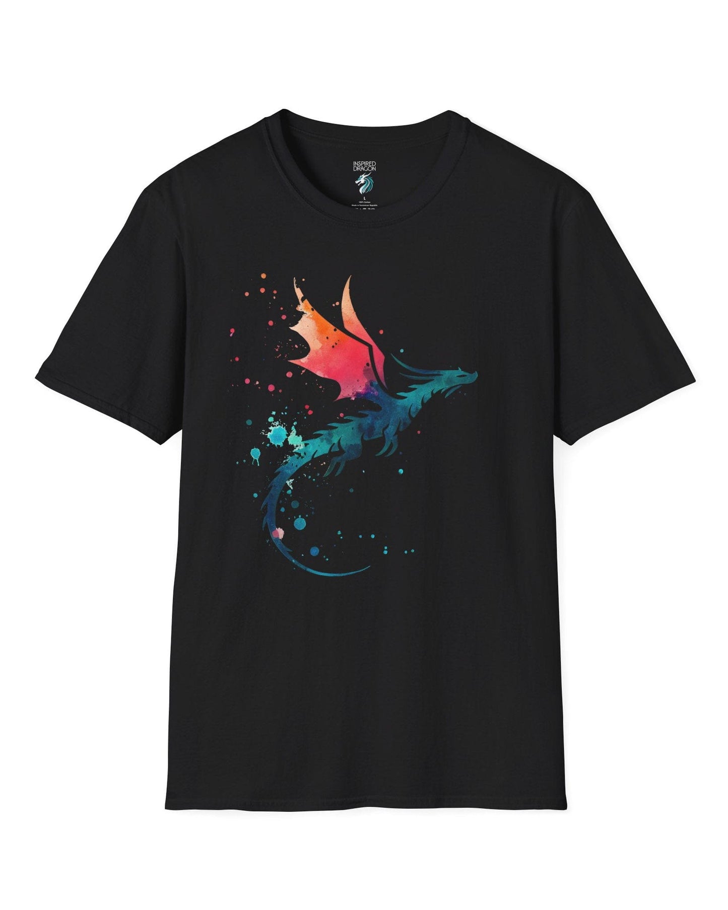 Twilight Whisper shirt in black featuring a stylized dragon silhouette with watercolor splashes in blue and orange.