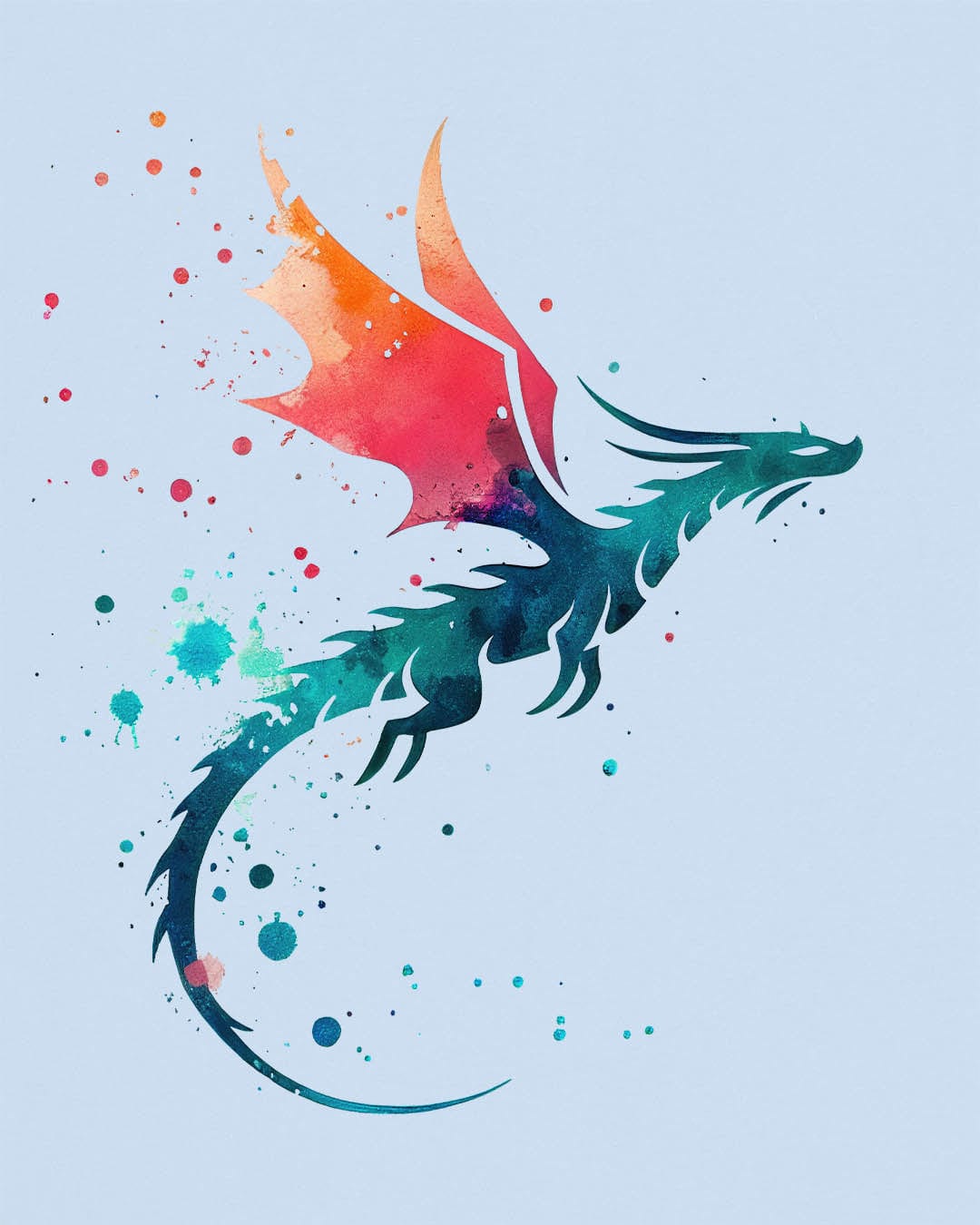 Twilight Whisper shirt in light blue featuring a stylized dragon silhouette with watercolor splashes in blue and orange.