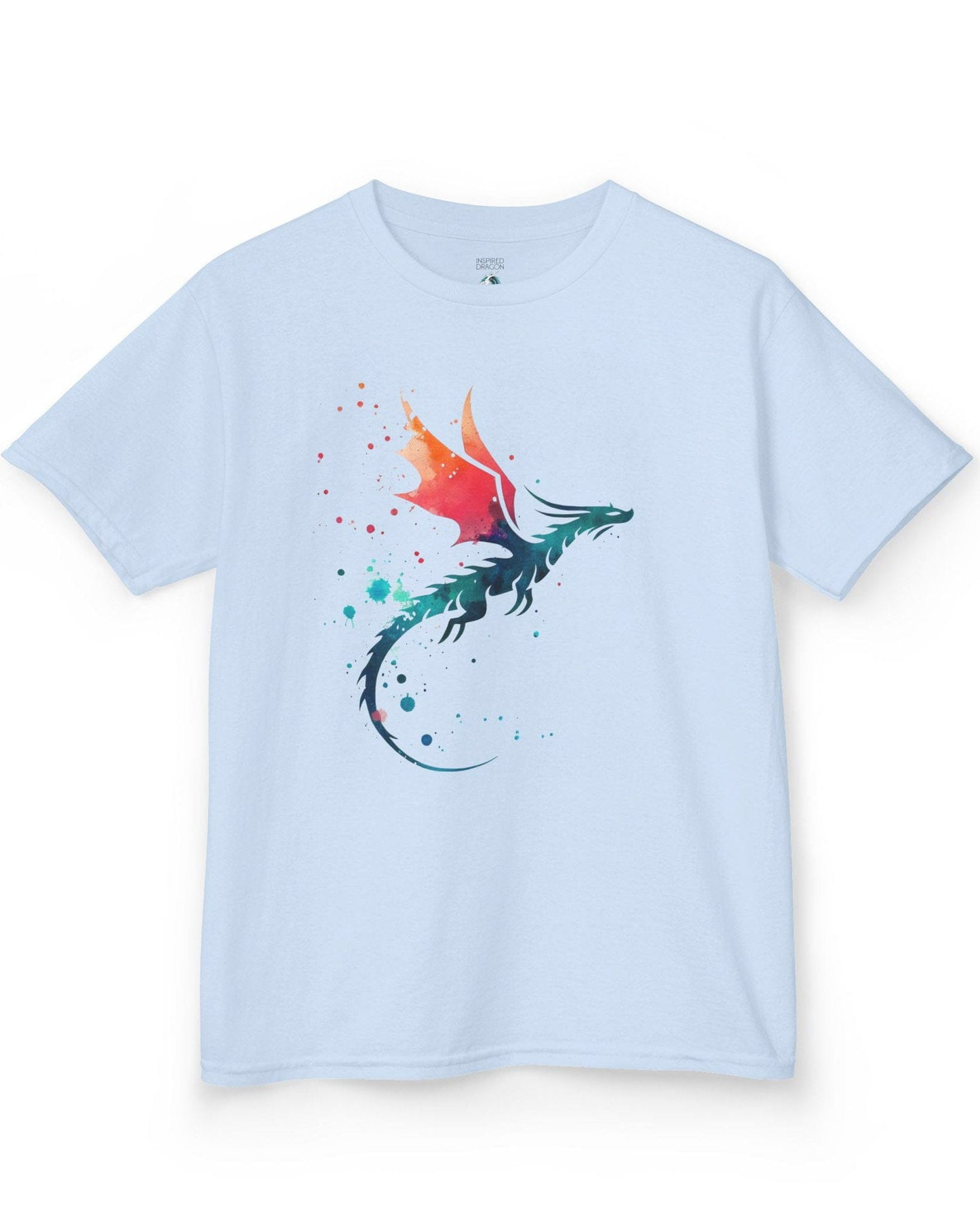 Twilight Whisper shirt in light blue featuring a stylized dragon silhouette with watercolor splashes in blue and orange.